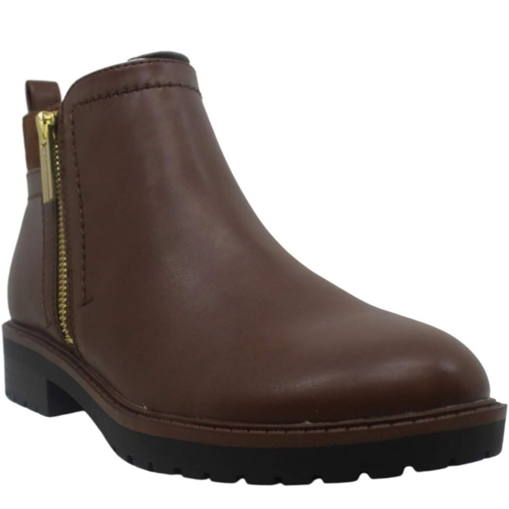 Tommy Hilfiger Brown Ankle Booties with Gold Zipper: Fawn 2 in Medium Brown 7W